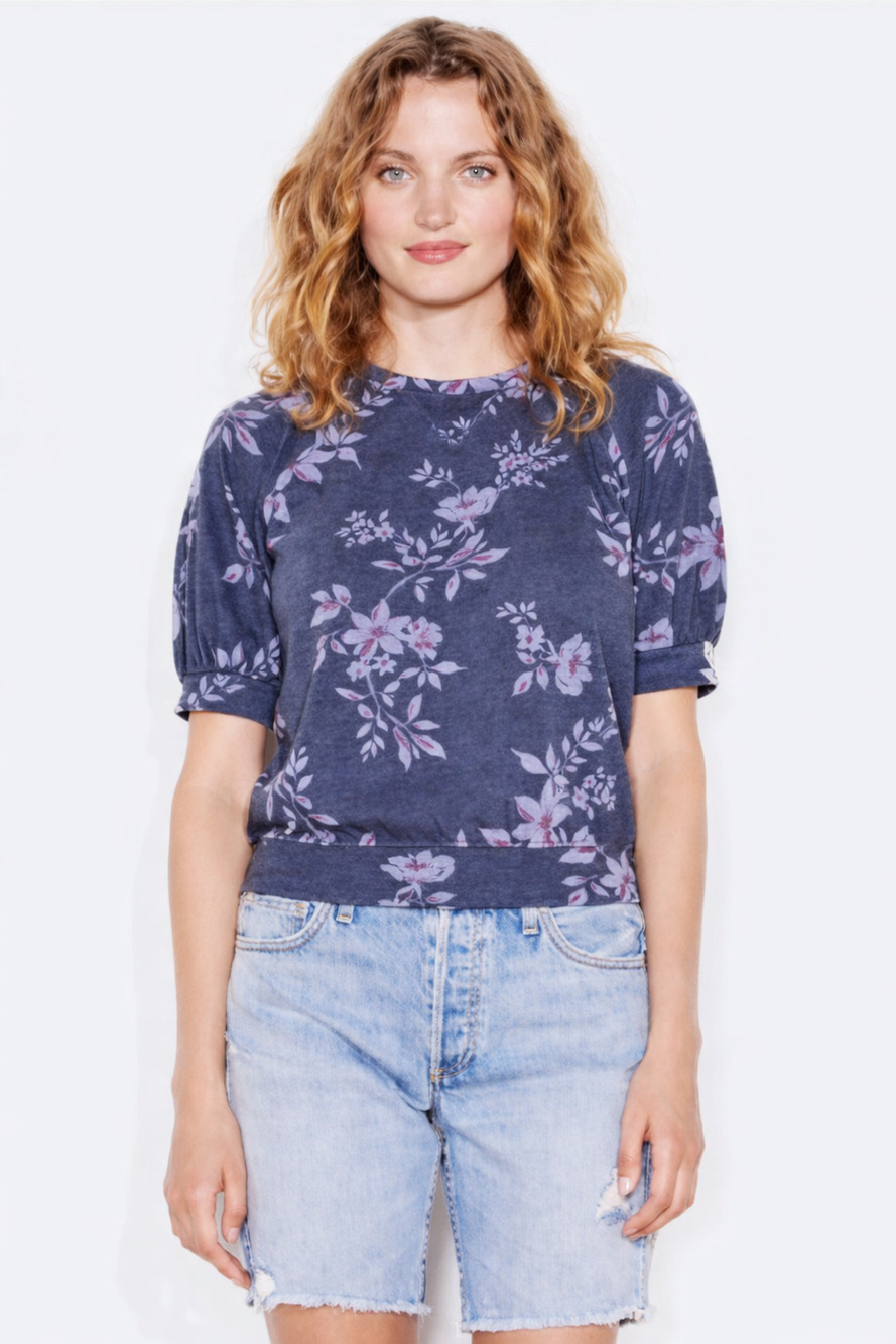 Sundry Short Sleeve Sweatshirt Womens Small Blue Gray Floral Puff Pullover Knit